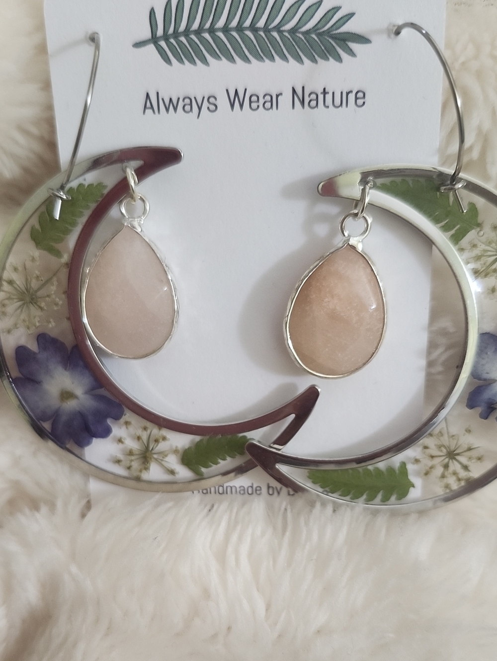 Handmade Botanical Resin Crescent Hoop Earrings with Peach Teardrop